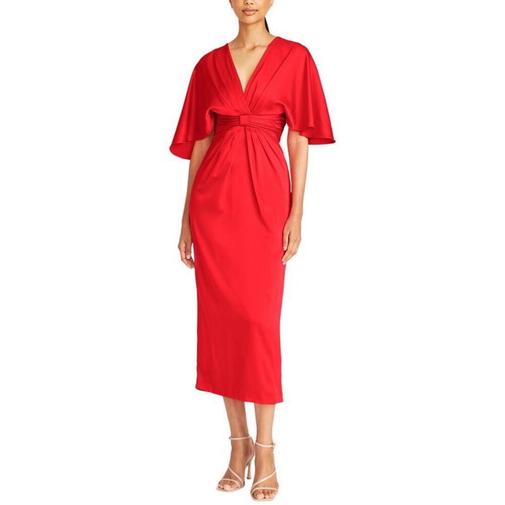 Theia Red V-Neck Midi Dress with Cape Sleeves and Knotted Waist